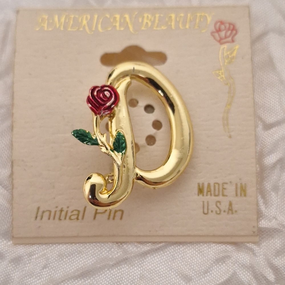 VTG L Razza  "D" Letter Initial Brooch Pin  Rose Flower 1" On The Card